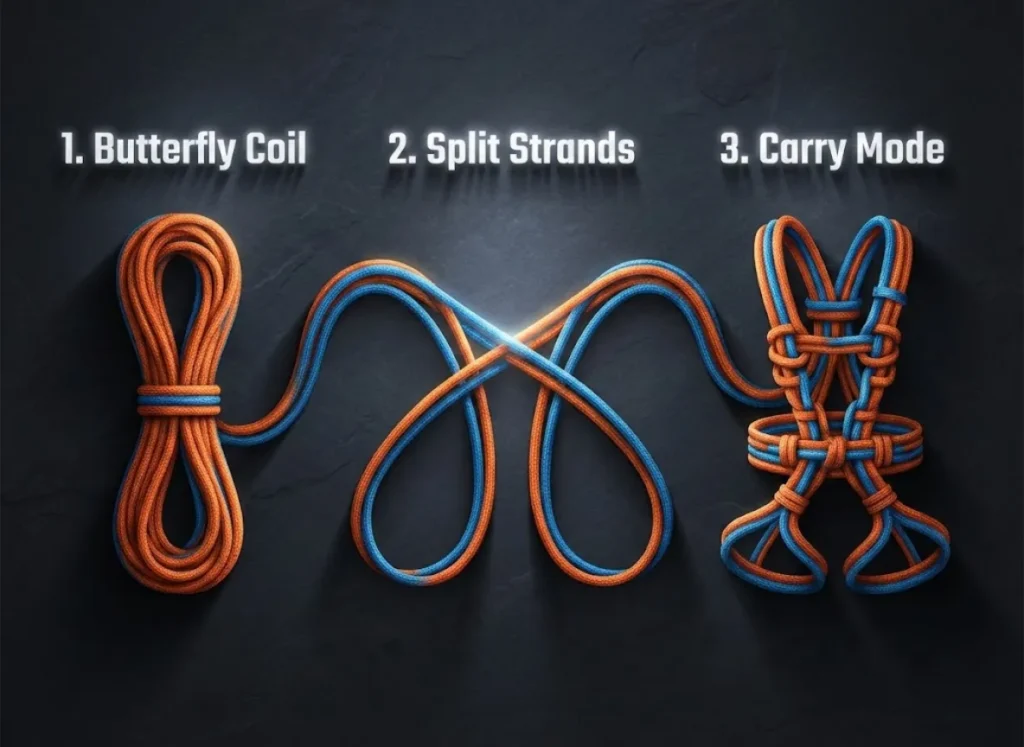 A high-definition, three-step instructional diagram showing how to rig a climbing rope into a Split Coil Seat. The image features a vibrant orange climbing rope transforming from a butterfly coil into a backpack-style carrier, with floating text labels indicating each step of the rescue technique.