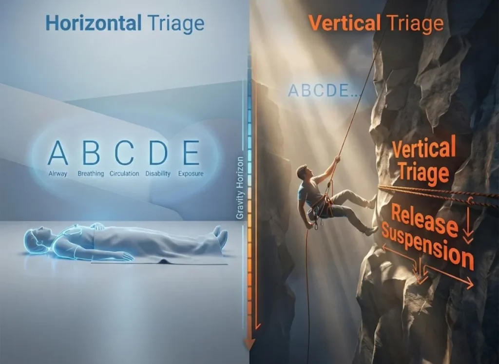A split-screen educational infographic comparing "Horizontal Triage" on flat ground with "Vertical Triage" on a cliff face. The vertical side highlights "Release Suspension" as a priority over standard ABCDE protocols.