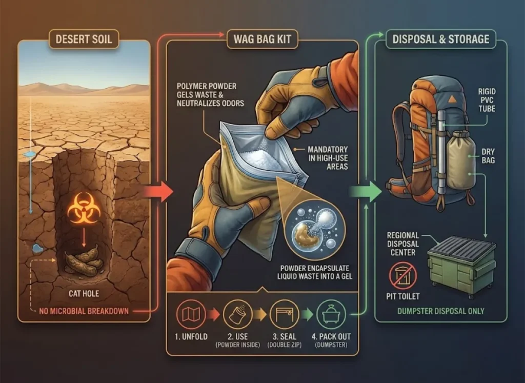 A semantic infographic illustrating why WAG bags are mandatory for desert climbing and how they work, with a flowchart showing the process from problem to solution and disposal.