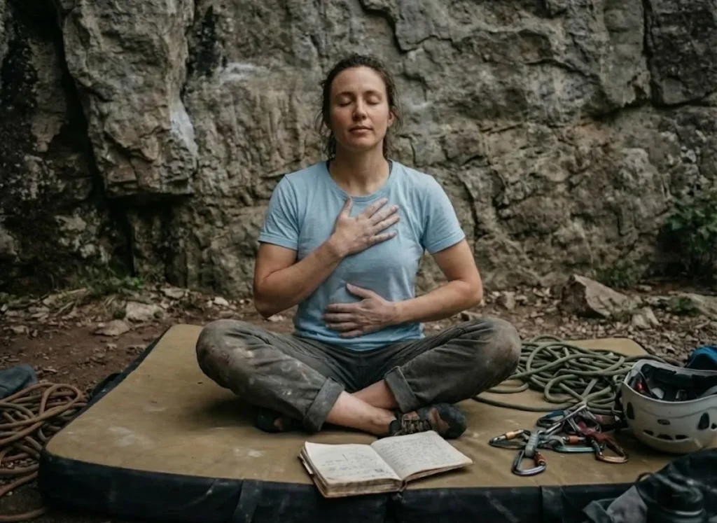 A climber sitting at the base of a cliff practicing breathing exercises and mindfulness before a climb.
