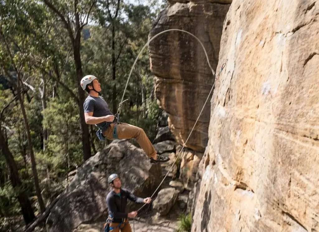 A climber taking a controlled practice fall on a sport climbing route to train fall desensitization.