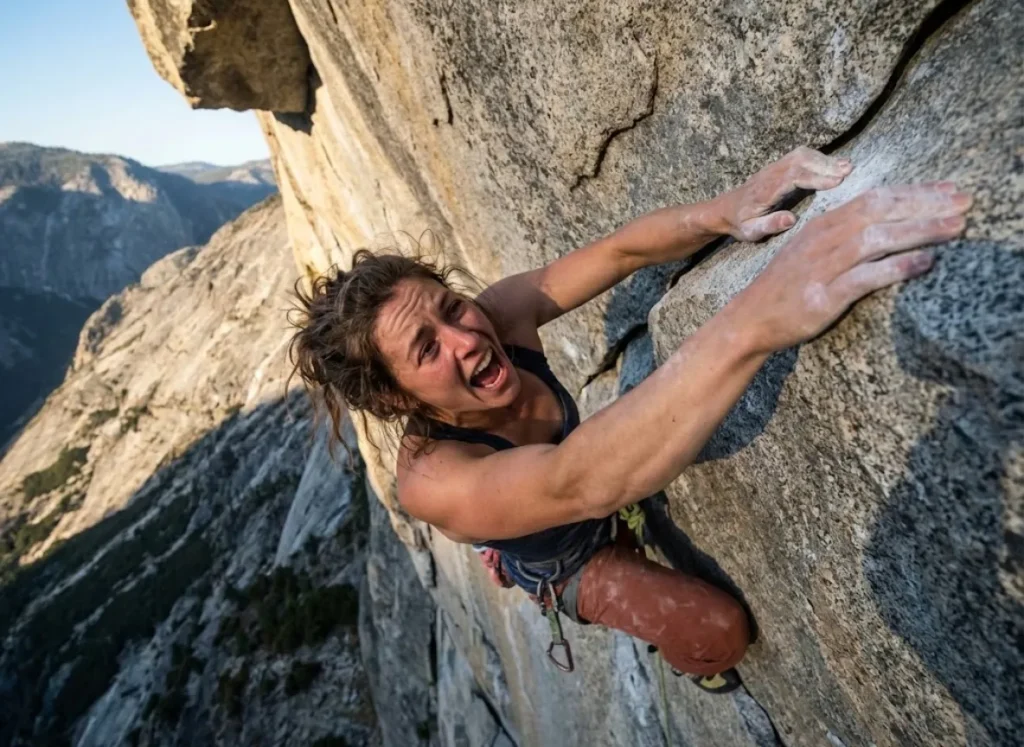 A climber exerting maximum effort on a difficult move, demonstrating focus under high physiological stress.