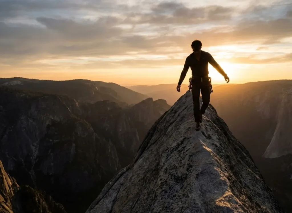A climber moving fluidly and confidently on an exposed ridge, exemplifying the flow state in rock climbing.