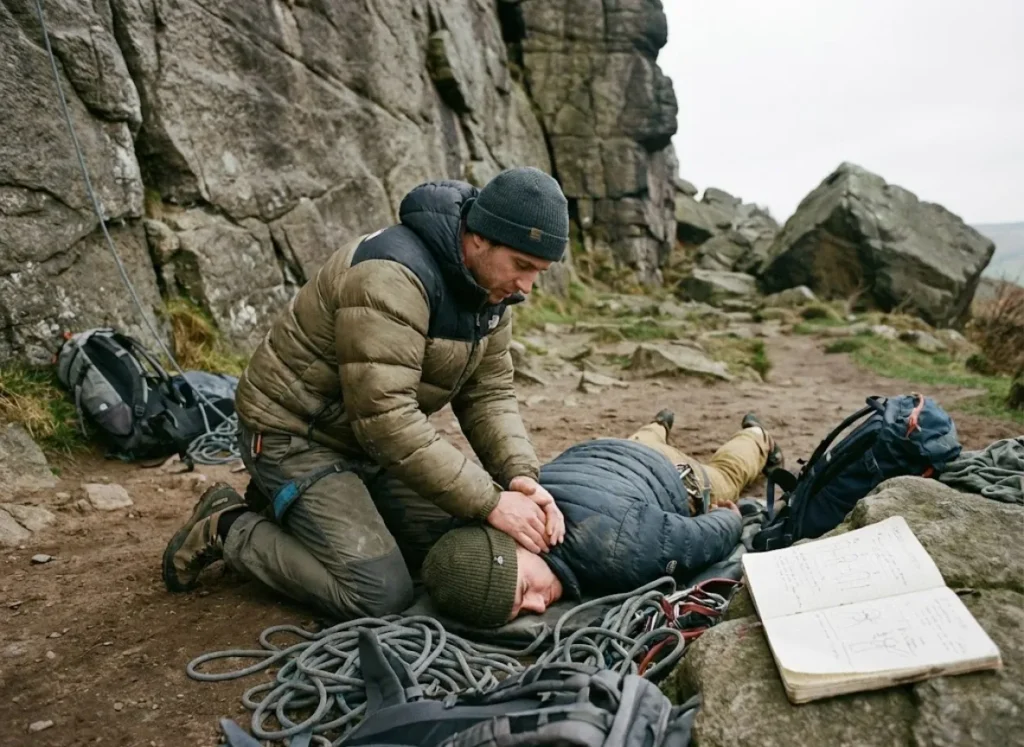 Two climbers practicing spinal stabilization techniques on the ground at the base of a rock climbing crag.
