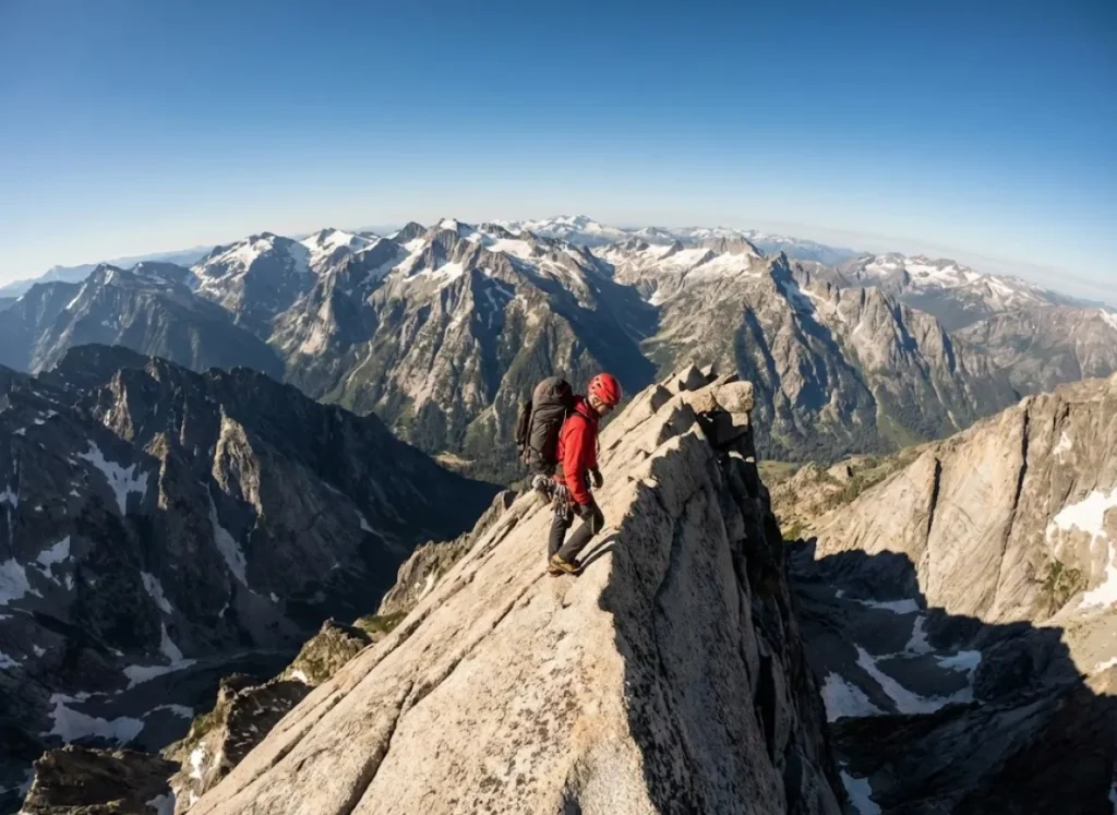 A climber on an exposed rock ridge overlooking a vast wilderness landscape of mountains and valleys.