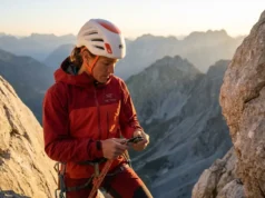 The Zero-Failure Guide on How to Rappel Safely Professional climber in Arc'teryx gear performing a safety check on a limestone cliff face during golden hour, emphasizing focus and premium safety equipment.