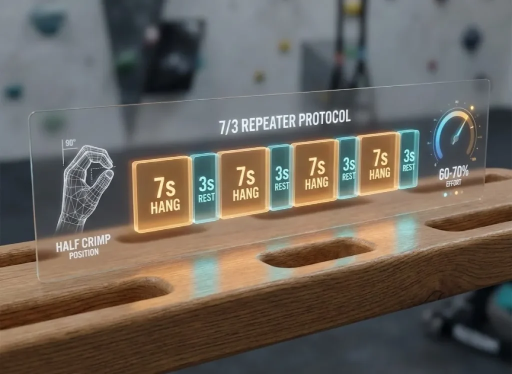 A premium 3D visualization of the 7/3 rock climbing repeater protocol. A sleek wooden hangboard surface features a glowing digital timeline displaying 7-second work intervals and 3-second rest intervals, accompanied by a stylized anatomical diagram of a half-crimp grip.