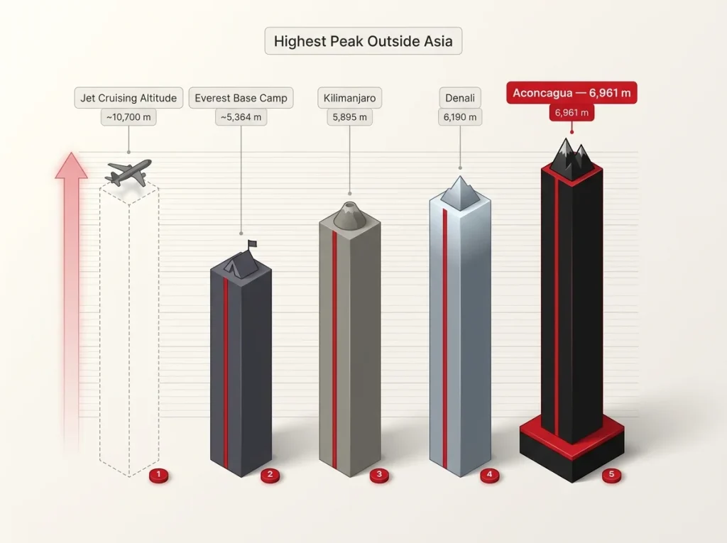 Infographic comparing Aconcagua's 6,961m elevation against Denali, Kilimanjaro, Everest Base Camp, and jet cruising altitude