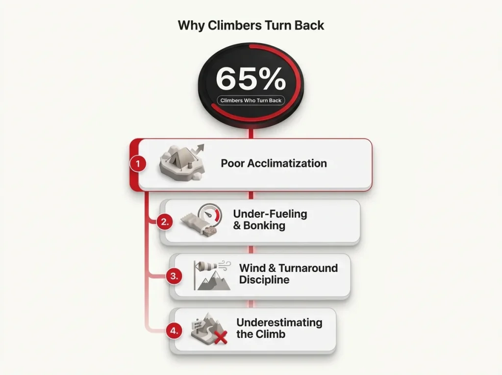 Infographic showing four reasons climbers turn back on Aconcagua with 65 percent turn-back rate highlighted