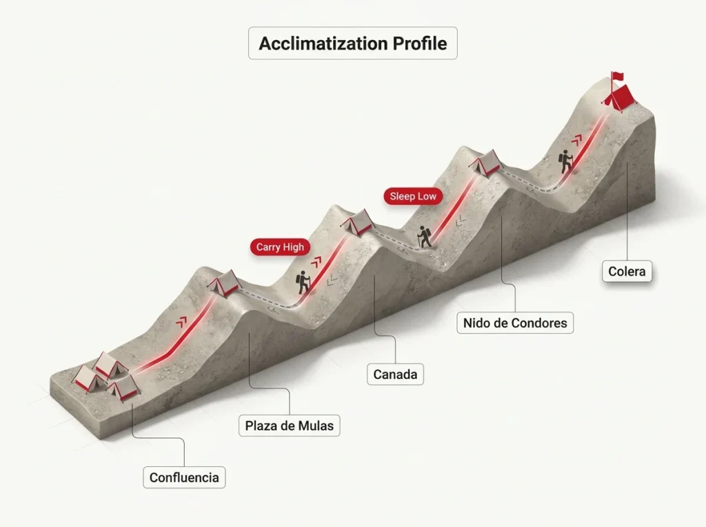 Diagram showing carry high sleep low acclimatization elevation profile across Aconcagua's camps from Confluencia to Cólera