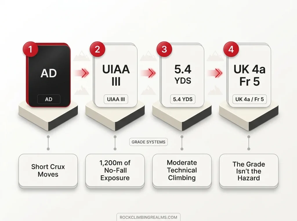Infographic comparing AD, UIAA III, 5.4 YDS climbing grades with plain-English exposure explanation