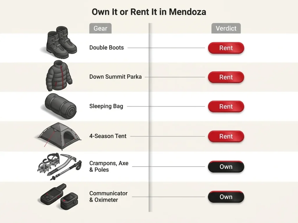 Comparison infographic of Aconcagua gear showing which items to own versus rent in Mendoza with cost verdicts