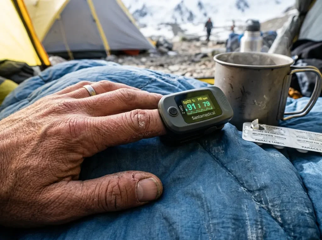 Climber checking blood-oxygen on a fingertip pulse oximeter at a high camp on Aconcagua