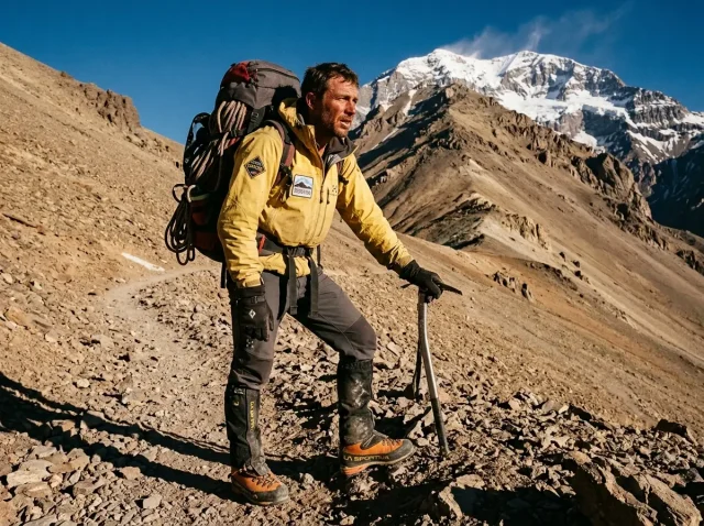 aconcagua-climbing-guide-summit-ridge Climber on Aconcagua's upper slopes in double mountaineering boots, summit ridge behind