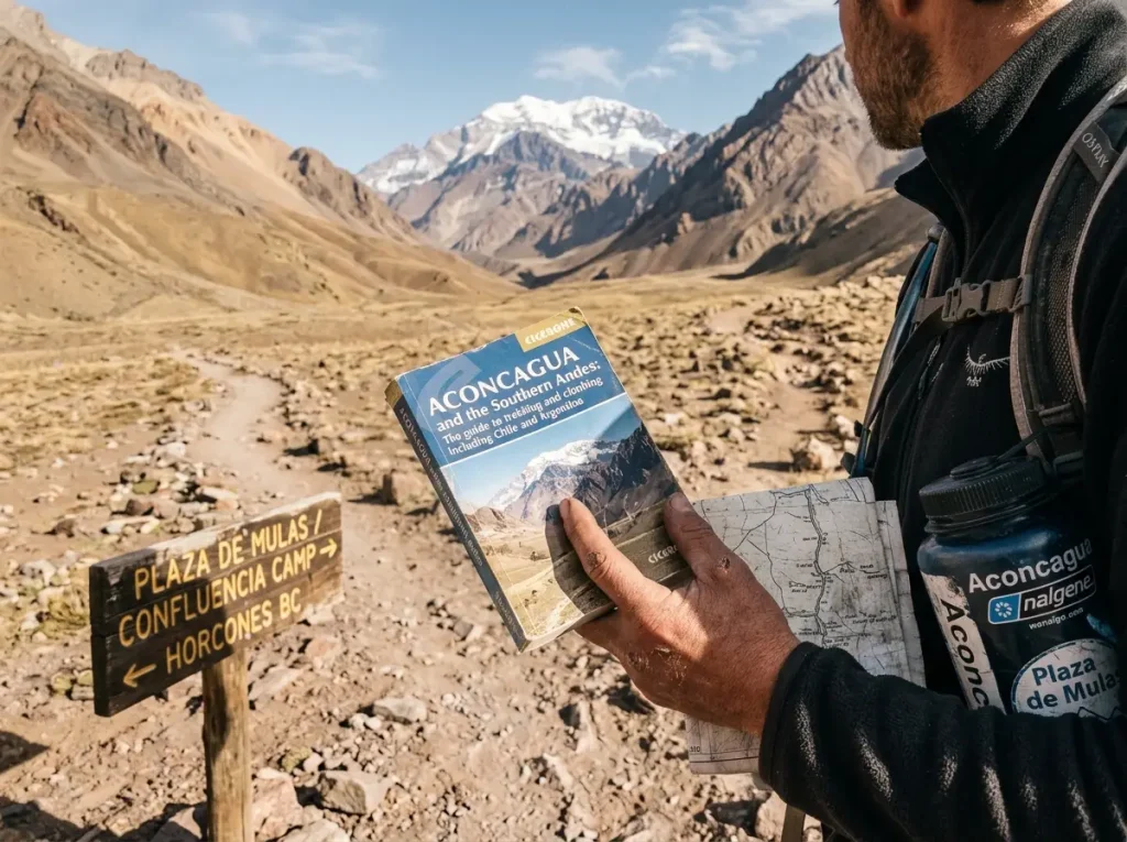 Climber checking a route guidebook at a trail junction in the Horcones valley, Aconcagua