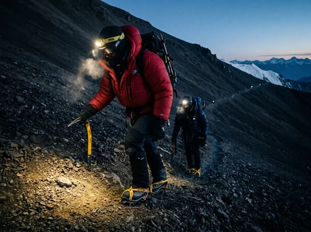 Climbers in crampons on Aconcagua's dark scree at dawn on summit day, headlamps lit