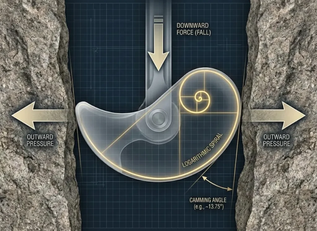 A sophisticated technical infographic illustrating the mechanics of active rock climbing protection. A macro cross-section of a cam lobe inside a rock crack shows a glowing Logarithmic Spiral overlay. Vector arrows demonstrate how "Downward Force" translates into "Outward Pressure" against the rock walls, with the specific "Camming Angle (e.g., ~13.75°)" highlighted.