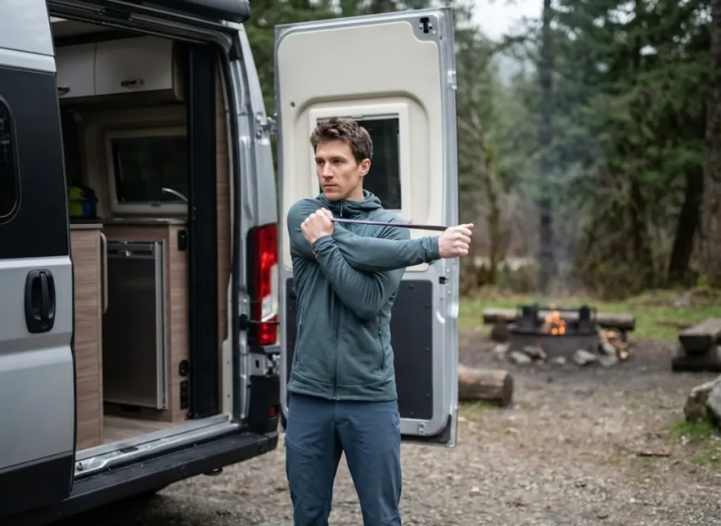 A climber using a resistance band for shoulder mobility exercises outside a camper van.