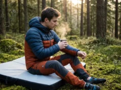 Climbing Rest Day Protocol: Science & Active Recovery A climber sitting on a crash pad in the woods drinking coffee and massaging their forearm during a rest day.