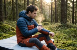 Climbing Rest Day Protocol: Science & Active Recovery A climber sitting on a crash pad in the woods drinking coffee and massaging their forearm during a rest day.
