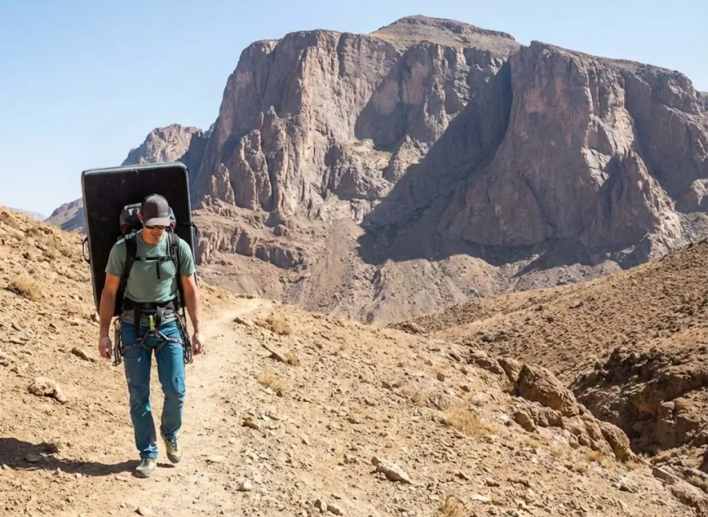 Climbers hiking with heavy gear on a rugged trail approaching a massive, distant mountain range.