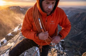 Alpine Rope Management: A Strategic Decision Framework Alpinist in an orange Arc'teryx jacket coiling a Petzl rope on a high exposed ridge during a windstorm.