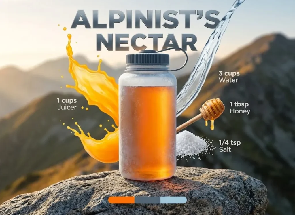 A stylized, high-definition recipe infographic for "Alpinist's Nectar." A rugged climbing flask sits centrally, surrounded by floating ingredients: water, orange juice, salt, and honey, with bold typographic labels indicating the ratios against a blurred mountain background.