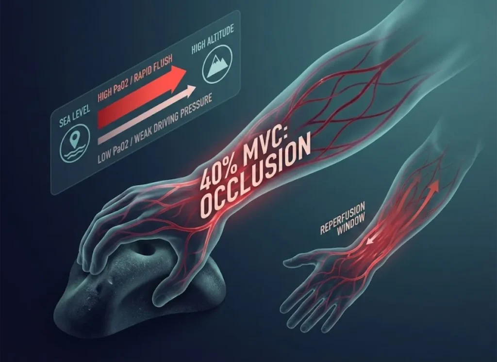 A premium 3D infographic showing the Ischemia Cycle in a human forearm while climbing. It compares sea-level oxygen reperfusion with high-altitude reperfusion, featuring glowing capillaries, a translucent arm gripping a hold, and integrated technical labels.