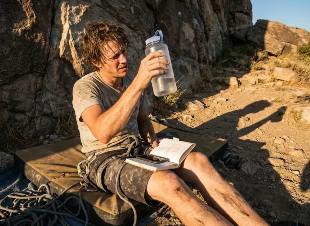 A tired climber checking the water level in their bottle after a workout to calculate sweat rate.