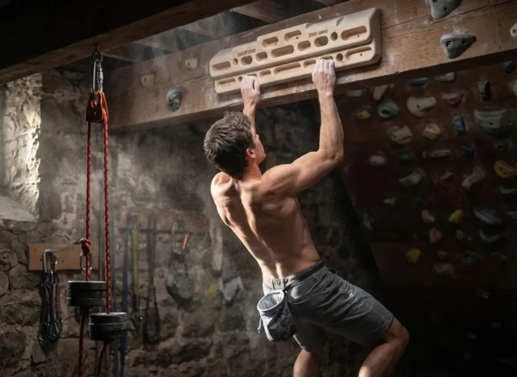 A climber performing a hangboard workout on a Beastmaker 2000 while wearing Prana shorts.