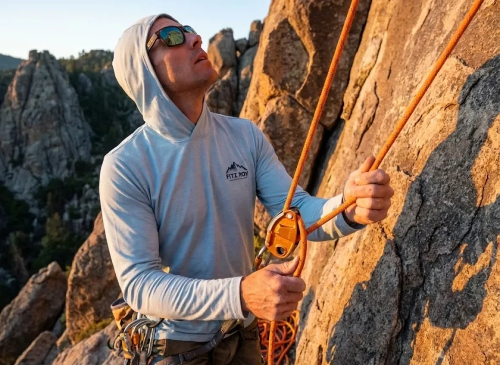 Climber belaying with a Petzl GriGri and Sterling rope, wearing a Patagonia hoody.