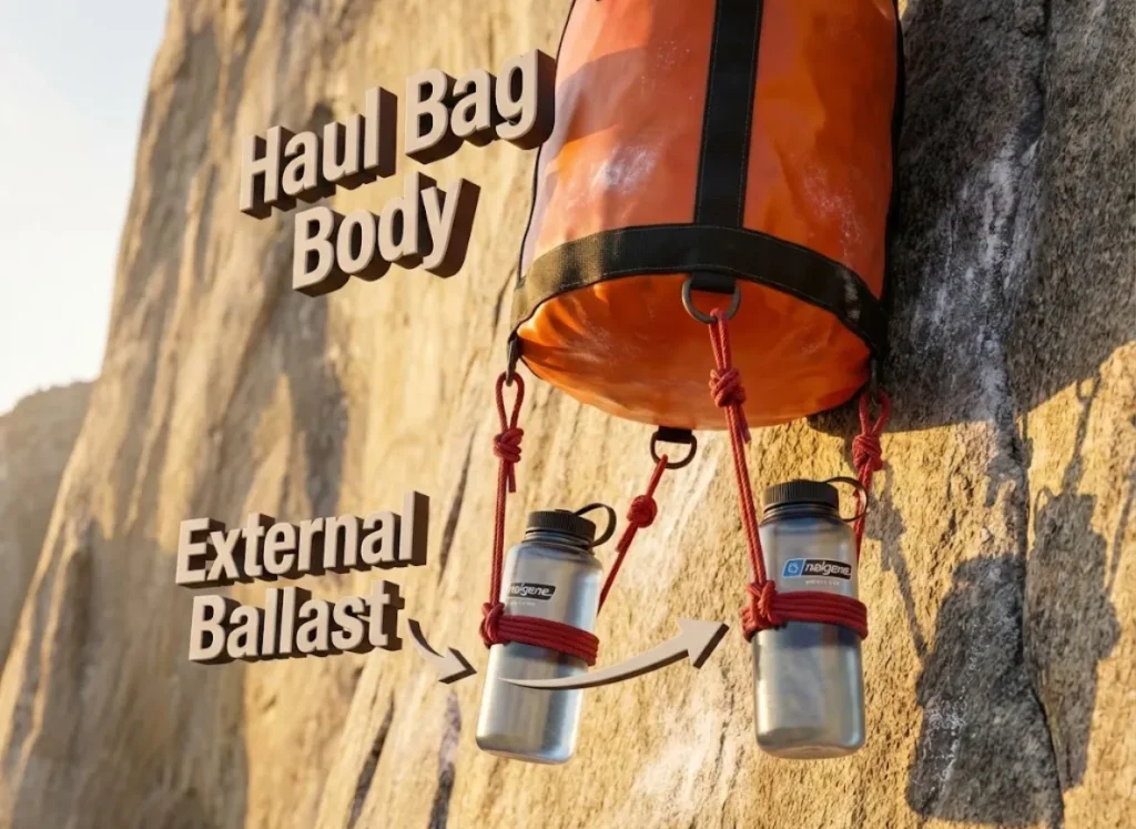 A technical climbing illustration showing a rugged haul bag suspended against a granite cliff face, detailing the correct method of clipping water bottles to the bottom loops for optimal weight distribution.