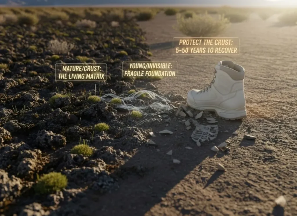 A professional 3D semantic infographic illustrating the "Don't Crush the Brush" protocol. It features a macro view of desert soil transitioning from healthy, bumpy biological crust with moss and lichen to a crushed, barren footprint, highlighting the 50-year recovery timeline.