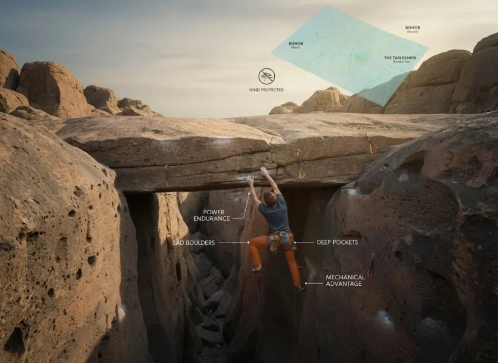 A premium 3D editorial infographic showing a climber on a steep volcanic tuff roof in a Bishop canyon. The image features a topographic map overlay comparing The Buttermilks and The Tablelands, with labels highlighting power endurance and bicep-intensive movements.
