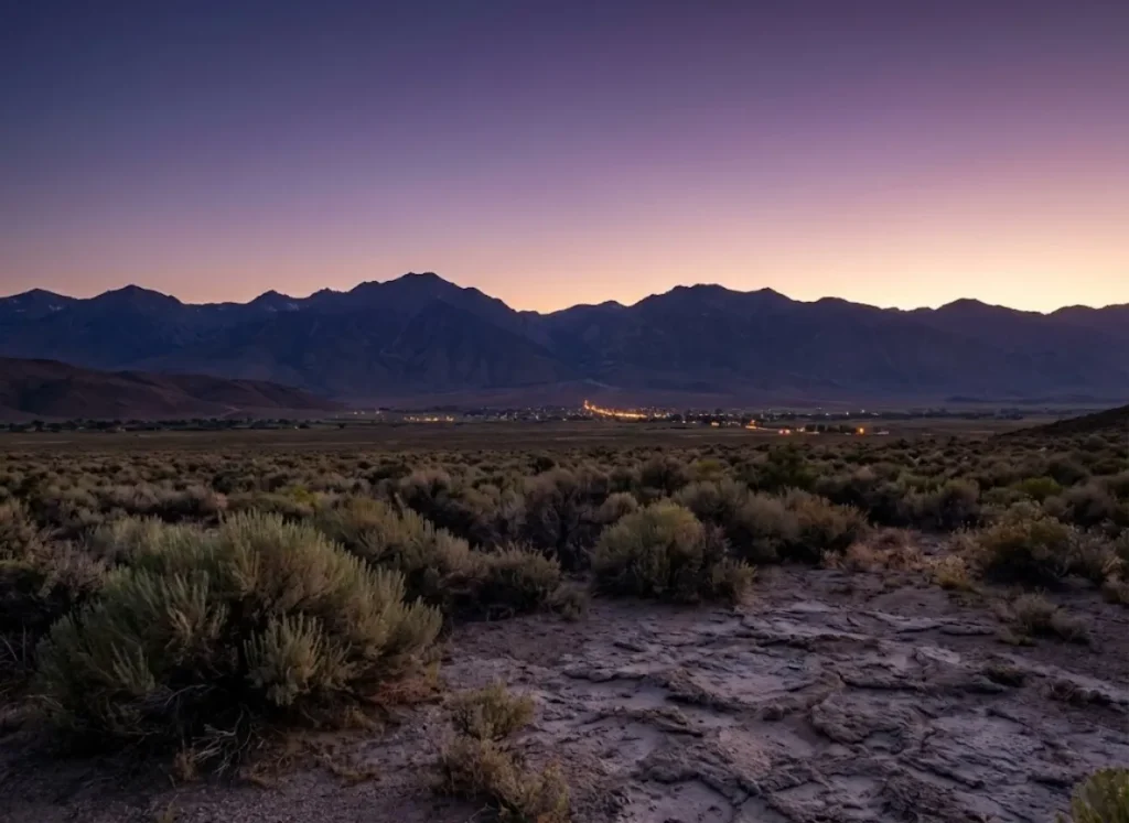 A wide panoramic view of the Owens Valley and Bishop area at twilight, showing the rugged desert terrain.