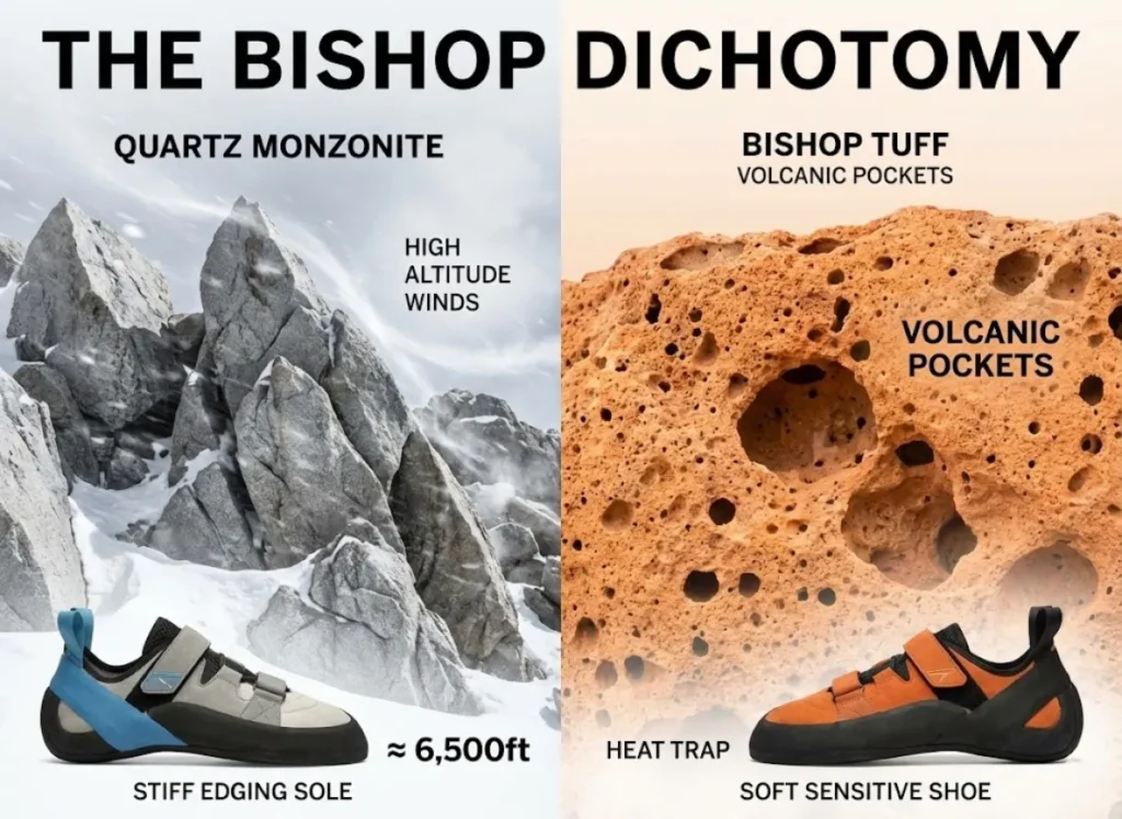 A professional editorial infographic comparing Quartz Monzonite granite and Bishop Tuff rock formations. The left side shows sharp, crystalline granite under cold light, while the right side displays orange, pocketed volcanic tuff in a warm canyon setting. Technical labels and climbing shoe types are integrated into the 3D scene.