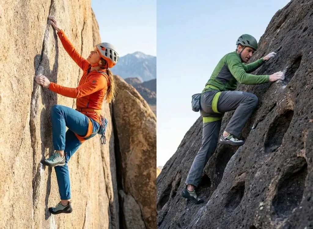 Two side-by-side images showing the different rock types in Bishop: sharp granite and pocketed volcanic tuff.