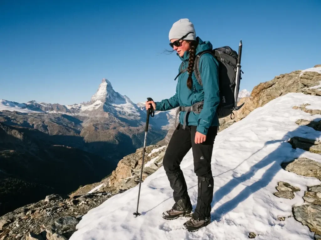 Climber acclimatizing on the Breithorn with the Matterhorn behind, training to climb the Matterhorn