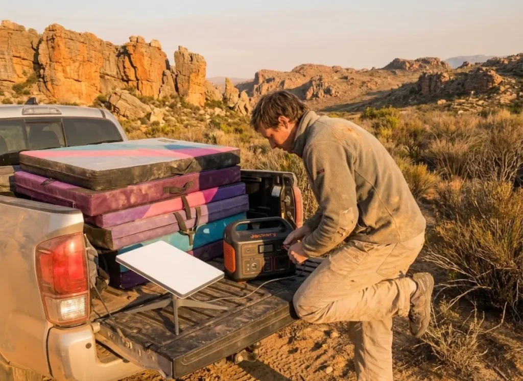 Climber setting up Starlink Mini and Jackery power station on a truck tailgate with Organic Climbing crash pads in South Africa.