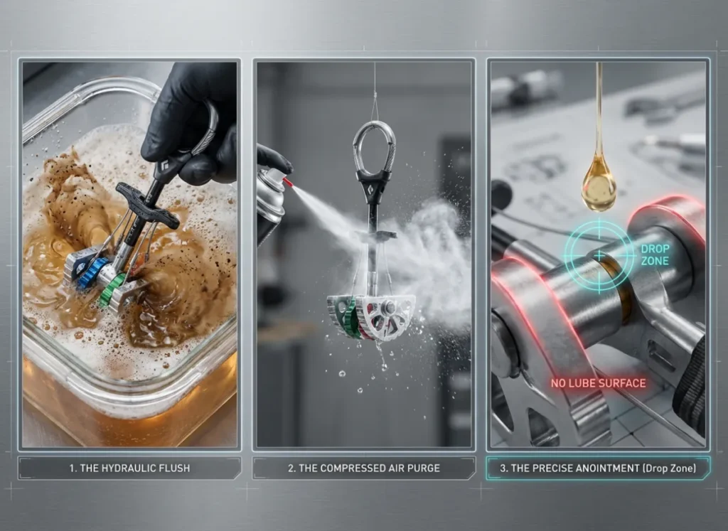 A three-panel technical infographic illustrating the "Swish, Pump, and Dry" climbing cam maintenance process. Panel 1 shows a cam submerged in soapy water expelling dirt. Panel 2 shows compressed air blasting water from the axle. Panel 3 is an extreme macro shot highlighting the exact lubrication point on the axle with a "Drop Zone" label, contrasted with a "No Lube" area on the sling.