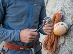 How to Clean Trad Gear: The Ultimate Stewardship Guide A climber wearing a Patagonia fleece inspects a dirty Black Diamond Camalot C4 in a workshop.
