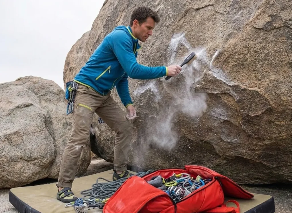 Climber brushing chalk off a rock with a Sublime brush, with a North Face backpack in the foreground.