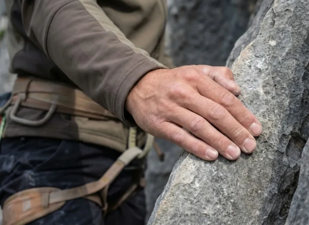 Close up of a climber's hand crimping a small hold covered in FrictionLabs chalk.