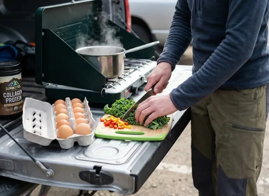 A climber preparing a healthy, vegetable-rich meal on a camp stove during a rest day.