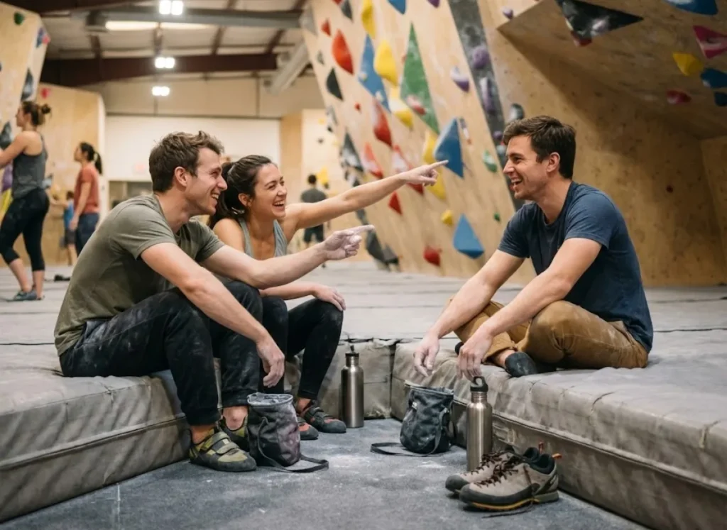A group of climbers sitting on gym mats laughing and talking, with climbing walls in the background.