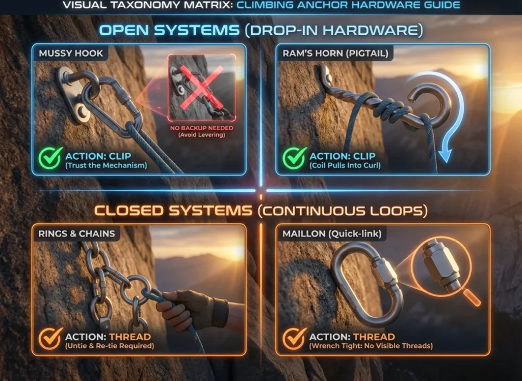 A technical infographic matrix titled "Anchor System Taxonomy." It presents a 2x2 grid comparing rock climbing hardware. The top row shows "Open Systems" (Mussy Hook, Ram's Horn) with the instruction "Action: CLIP." The bottom row shows "Closed Systems" (Rings/Chains, Maillon) with the instruction "Action: THREAD." Each quadrant features realistic 3D renders of the hardware in use on a rock face with specific safety annotations.