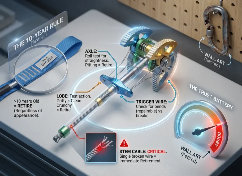 A technical infographic titled "Triage & Inspection: The Anatomy of a Cam." The center features a detailed, semi-transparent 3D model of a climbing cam with parts labeled: Axle (Check Straightness), Lobe (Test Action), Trigger Wire (Check Bends), and Stem Cable (Zero Broken Wires). Surrounding distinct zones show "The 10-Year Rule" for slings, "Lobe Action Check," and a "Trust Battery" gauge indicating retirement for doubtful gear.