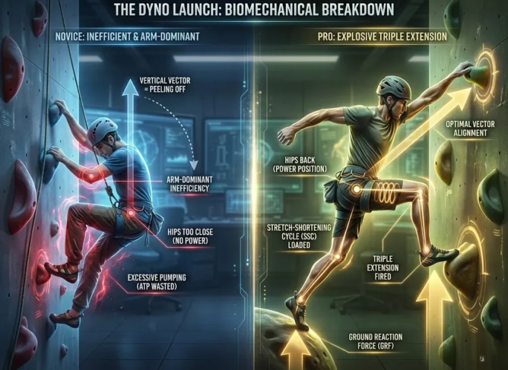 A split-screen technical infographic comparing climbing dyno techniques. The left panel shows a "Novice" climber with poor vector alignment, while the right panel shows a "Pro" climber utilizing explosive triple extension and correct hip positioning, with biomechanical overlays highlighting forces.