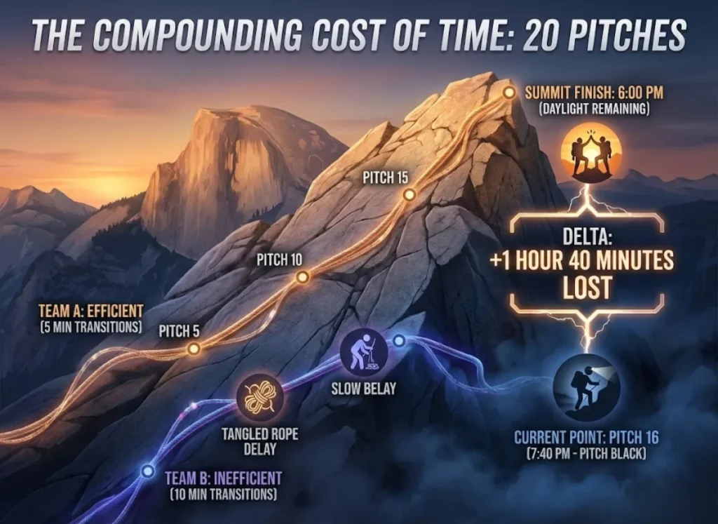 A technical infographic titled "The Compounding Cost of Time." It visualizes two climbing teams on a 20-pitch route via diverging timelines on a mountain face. Team A (fast transitions) reaches the sunlit summit early, while Team B (slow transitions) is caught in the dark far below, highlighting a "1 Hour 40 Minute" time loss.