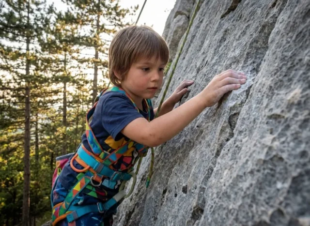 climbing-gear-for-kids-toddler-crusher A young child rock climbing outdoors wearing a full-body safety harness.